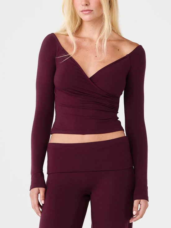 Crop Shop Boutique Tops - Deep Berry Off-Shoulder Wrap Top